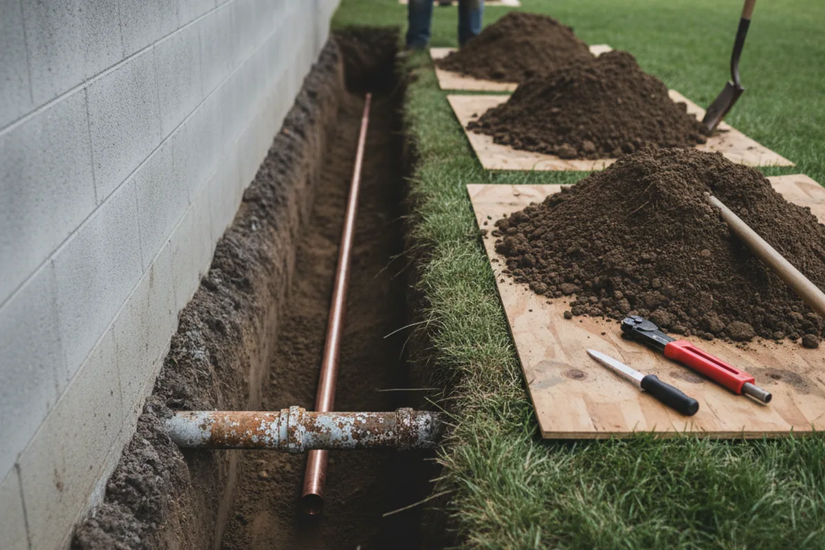 Excavated water line trench during Sewer Line Repair in Sterling